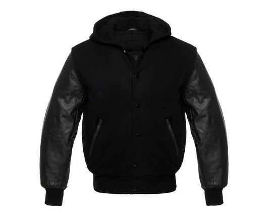 Men's Varsity Hoodie Jacket Genuine Leather Sleeve and Wool Blend Letterman Boys College Varsity Jackets Solid Black