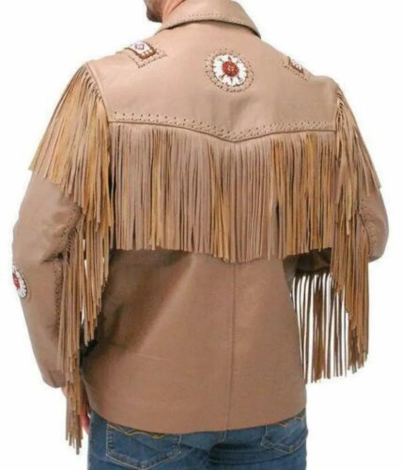 Men's Traditional Western Fringes Braided Beads Classic Jacket- Light Brown