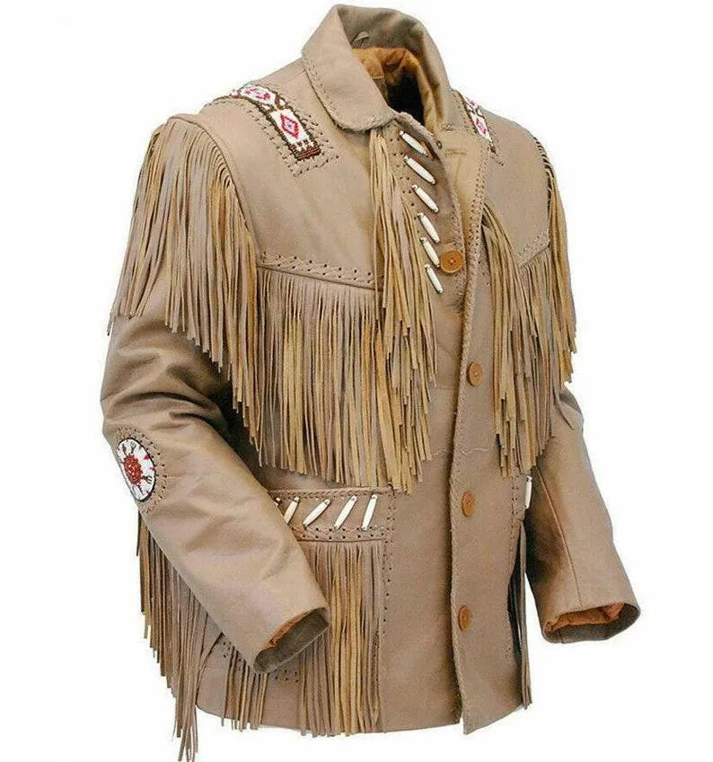 Men's Traditional Western Fringes Braided Beads Classic Jacket- Light Brown