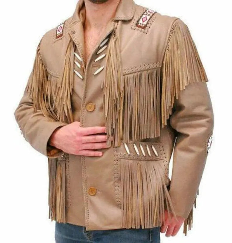 Men's Traditional Western Fringes Braided Beads Classic Jacket- Light Brown