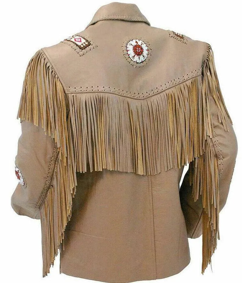 Men's Traditional Western Fringes Braided Beads Classic Jacket- Light Brown