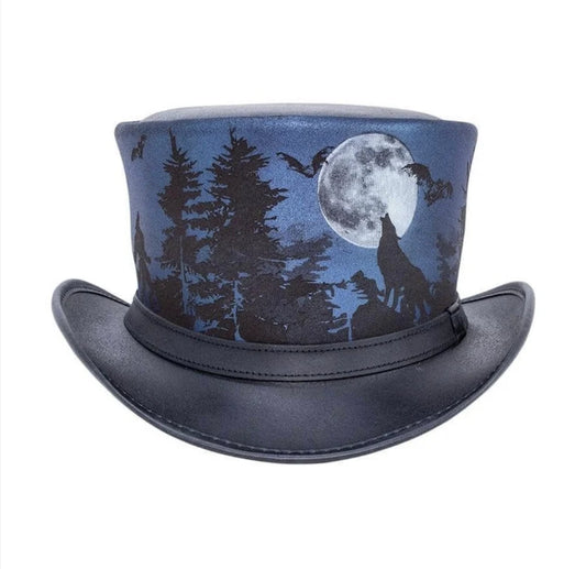 Steampunk Leather top Hat Howlline Wolf Eldorado Top Hat Full Moon Printed Halloween Top Hat Biker Rider Motorcyclists