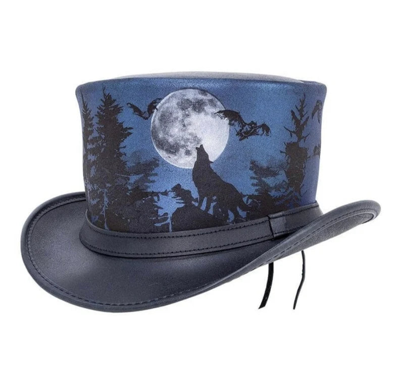 Steampunk Leather top Hat Howlline Wolf Eldorado Top Hat Full Moon Printed Halloween Top Hat Biker Rider Motorcyclists