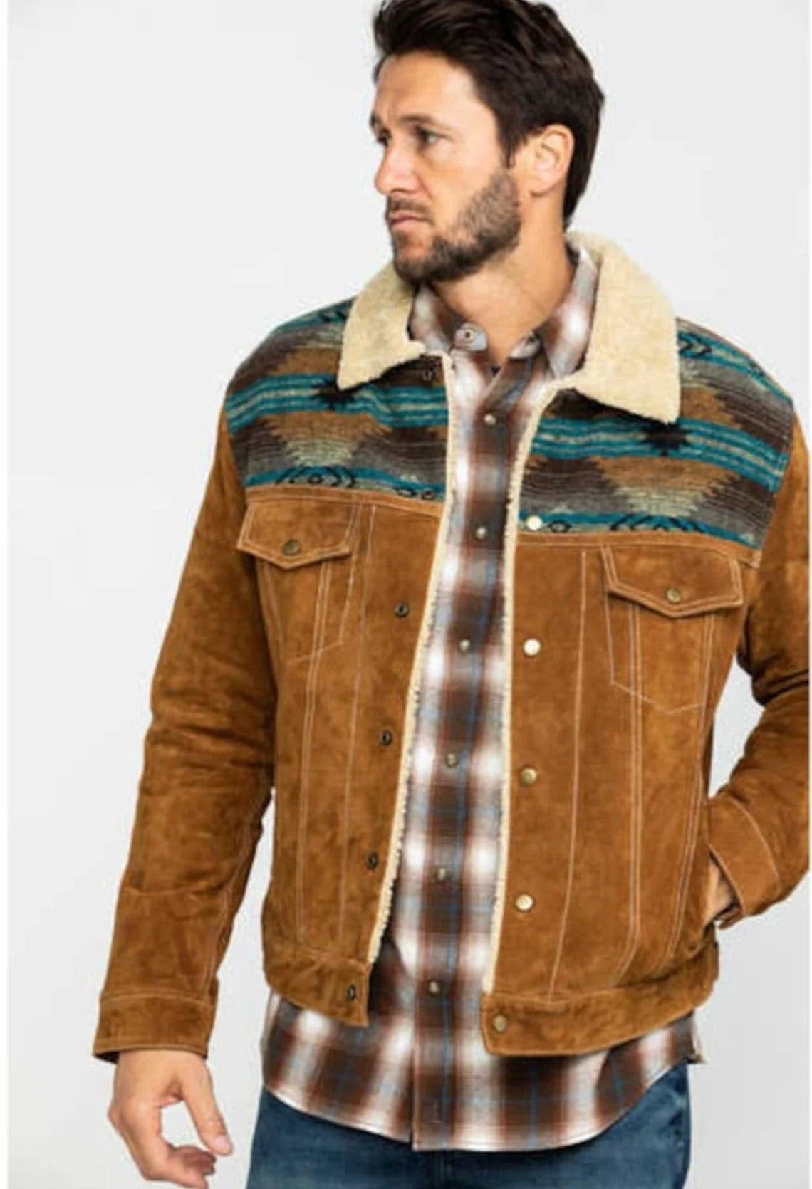 Men Western Jacket Men Western Fur Jean Jacket - Aztec Trim Suede Jacket - Brown Rode Countryside Fashion Jacket