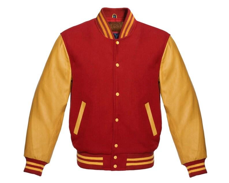 Men's Varsity Jacket Letterman Baseball Bomber Style Red Wool Blend & Gold Genuine Cowhide Leather Sleeves