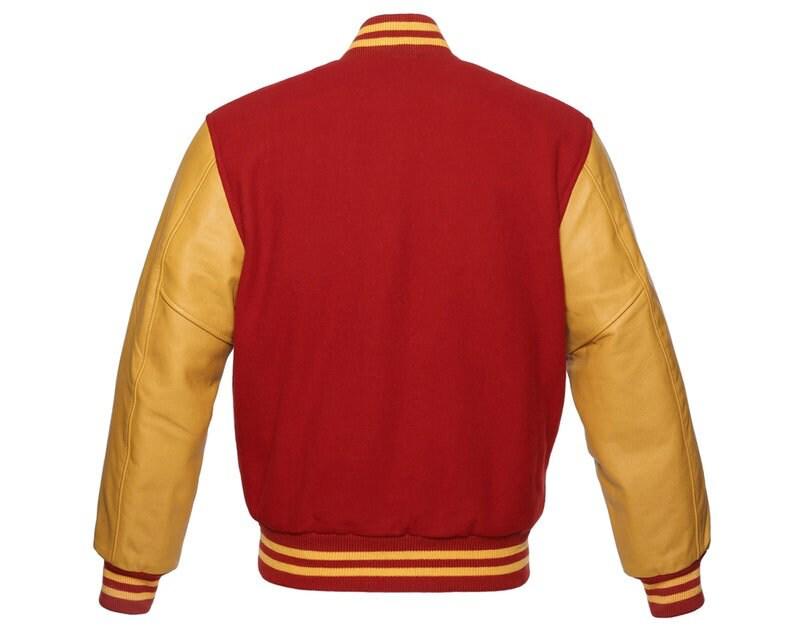 Men's Varsity Jacket Letterman Baseball Bomber Style Red Wool Blend & Gold Genuine Cowhide Leather Sleeves