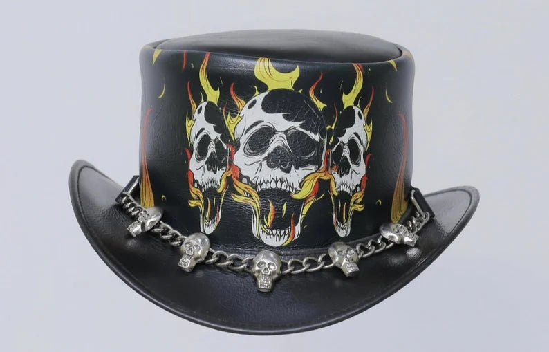 Black hat Skull & Fire Band Style - Steampunk Top Hat Halloween Hat Handmade Memorial Accessories Hat Gifts