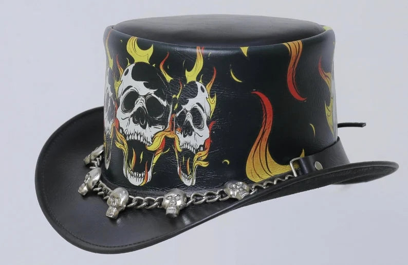 Black hat Skull & Fire Band Style - Steampunk Top Hat Halloween Hat Handmade Memorial Accessories Hat Gifts