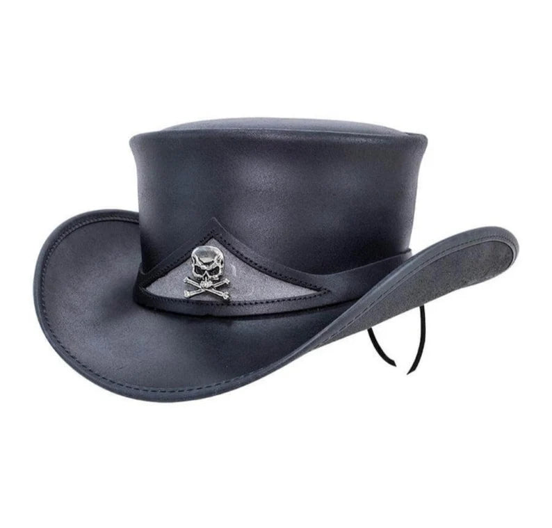 Handmade Top Hat Pale Rider Skulls Black Leather Top Hat Deadman Band Mens Hat Top Hat Gothic Hat Steampunk Hat