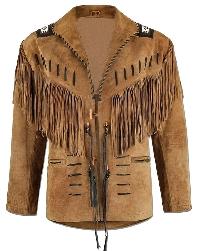 Men's Traditional Western Cowboy Leather Jacket Coat With Fringes And Beads - Brown Leather Jacket Vintage Apparel - Hunter Leather Jacket