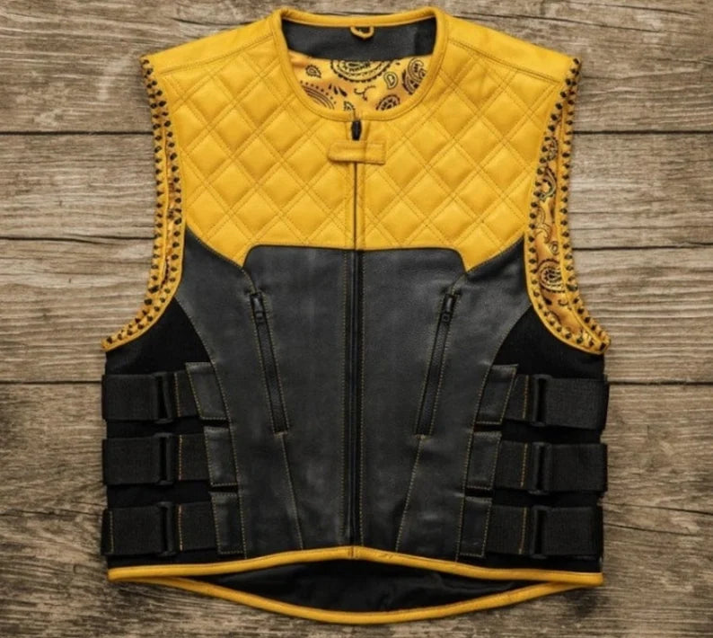 Leather Vest Hunt Club Diamond Quilted Black & Yellow Paisley Leather Build Denim Style Custom Motorcycle Rider Leather Vest Mens Vest