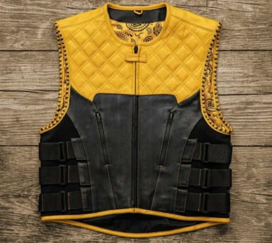 Leather Vest Hunt Club Diamond Quilted Black & Yellow Paisley Leather Build Denim Style Custom Motorcycle Rider Leather Vest Mens Vest